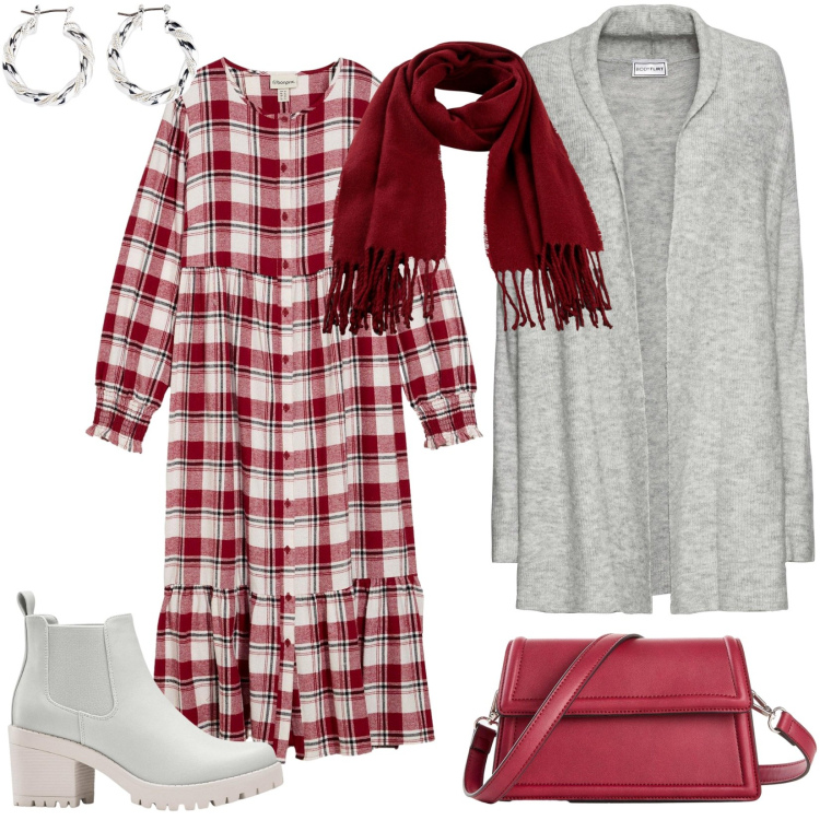 Outfit donna - Primi di Ottobre. Stile Casual chic per Tutti i giorni. Abbinamento con orecchini, stivaletti chelsea, cardigans, sciarpe, vestiti midi/longuette, borse a tracolla.