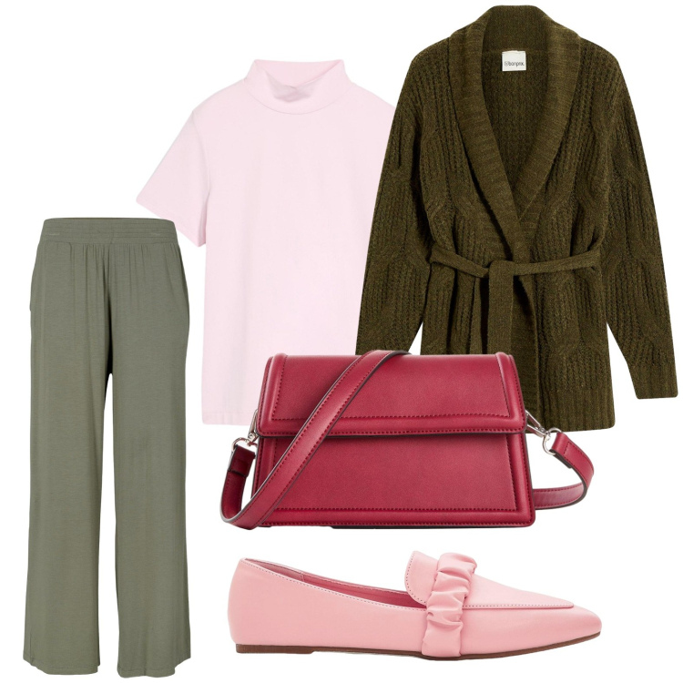 Outfit donna - bonprix - Neutral by Nature. Stile Minimal per Ufficio. Abbinamento con cardigans, pantaloni, t-shirt, mocassini, borse a tracolla.