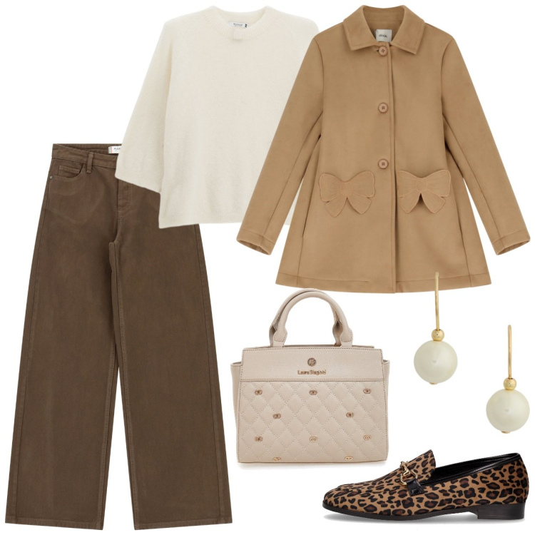 Outfit donna - Primi freddi. Stile Casual per Tutti i giorni. Abbinamento con pantaloni a palazzo, pullovers, cappotti, orecchini, borse a mano, mocassini.