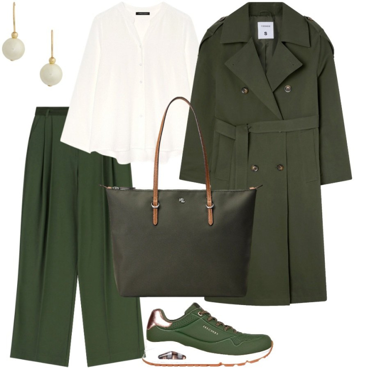 Outfit donna - Lo stile che mi piace. Stile Casual chic per Ufficio. Abbinamento con trench, pantaloni, borse tote, orecchini, sneakers, camicie.