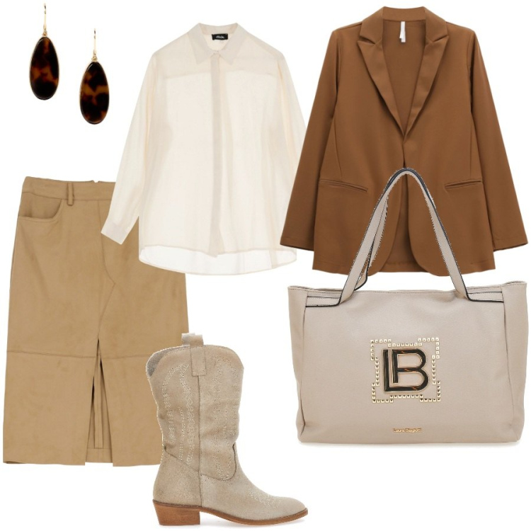 Outfit donna - Mio mix. Stile Casual chic per Ufficio. Abbinamento con blazer, gonne longuette, camicie, orecchini, stivaletti texani, borse a spalla.