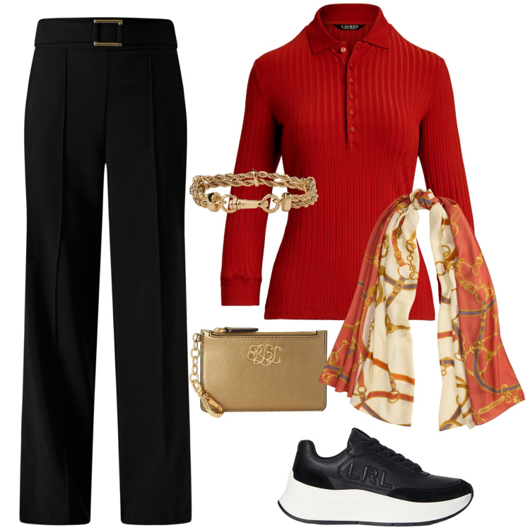 Outfit donna - Total look #2256177- Ottobre. Stile Sporty chic per Ufficio. Abbinamento con pantaloni, braccialetti, sneakers, portafogli, sciarpe, polo.