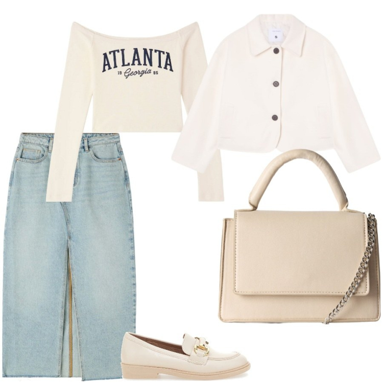 Outfit donna - Un blazer corto. Stile Casual per Tutti i giorni. Abbinamento con borse a tracolla, blazer, t-shirt, gonne longuette, mocassini.