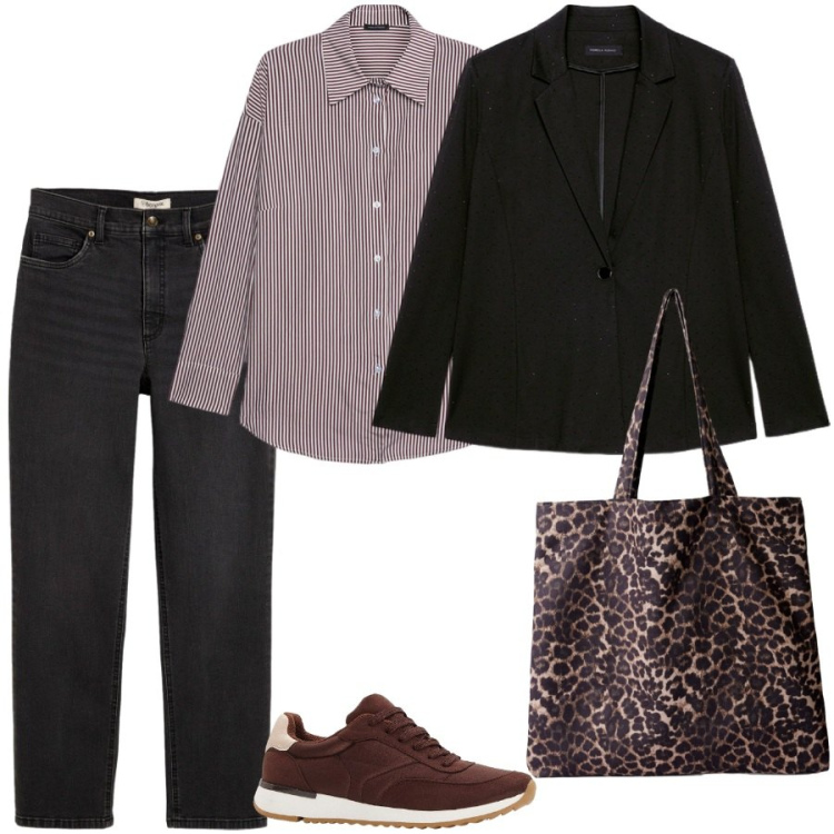 Outfit donna - Sale and new. Stile Minimal per Ufficio. Abbinamento con jeans slim fit, sneakers, shopping bag, blazer, camicie.