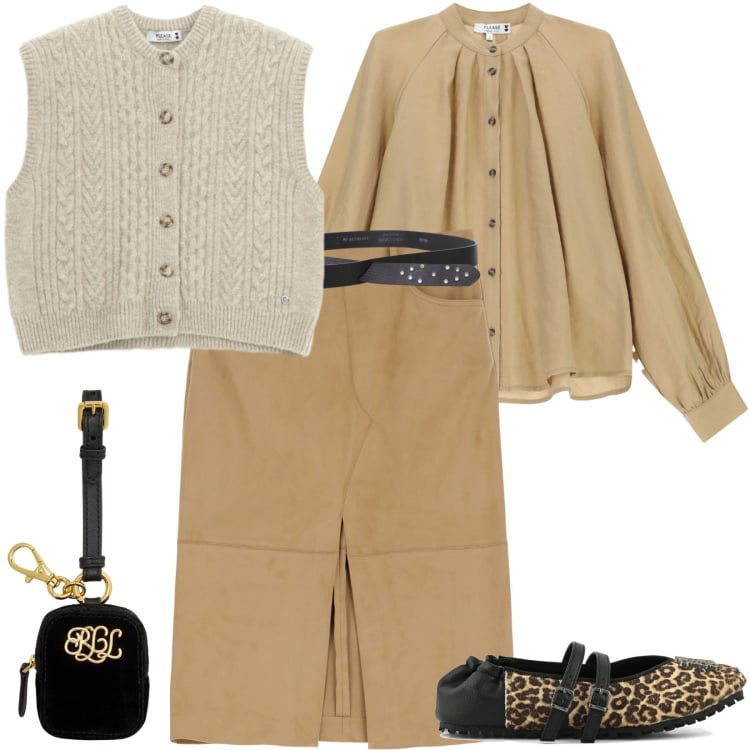Outfit donna - accessori fuori dall\'ordinario. Stile Casual per Ufficio. Abbinamento con gilet, camicie, gonne longuette, cinture, pochette, ballerine.