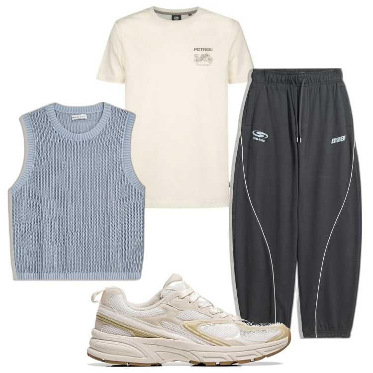 Outfit hombre - Casual look. Estilo Casual para Todos los días. Combinación con chalecos, sneakers, camiseta, pantalones.