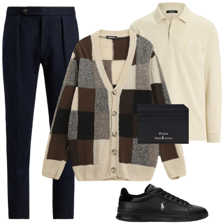 Outfit uomo - Ottobre. Stile Trendy per Ufficio. Abbinamento con cardigans, sneakers, portafogli, pantaloni, polo.