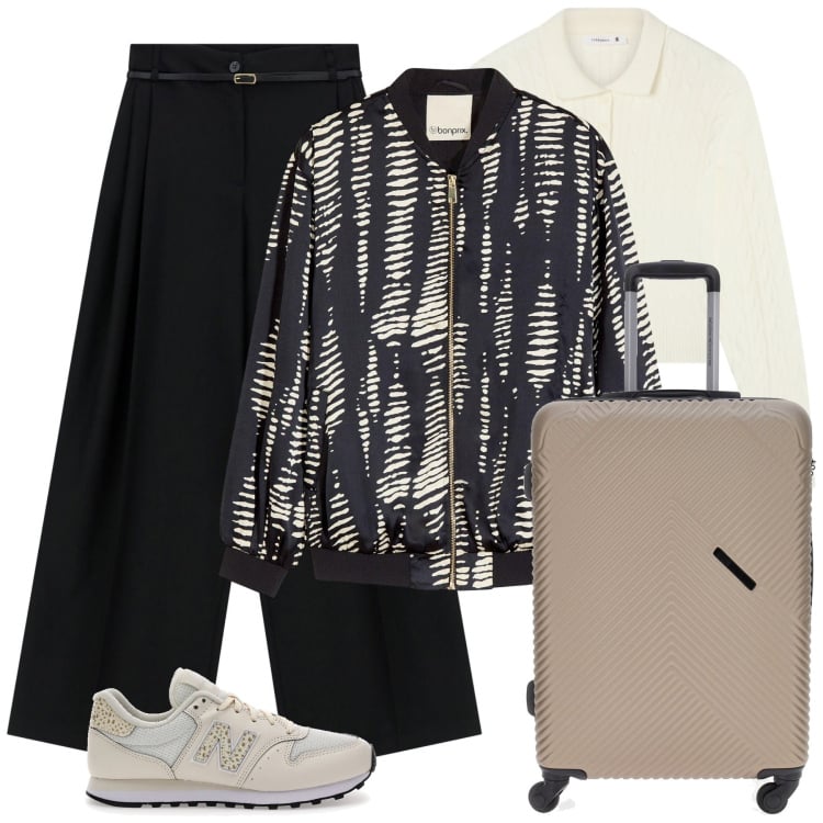 Outfit donna - Bomberino di stagione. Stile Minimal per Ufficio. Abbinamento con bomber, polo, pantaloni, sneakers, valigie.