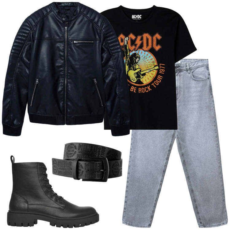 Outfit uomo - La giacca in pelle. Stile Urban Abbinamento con cinture, giacche, anfibi, jeans, t-shirt.