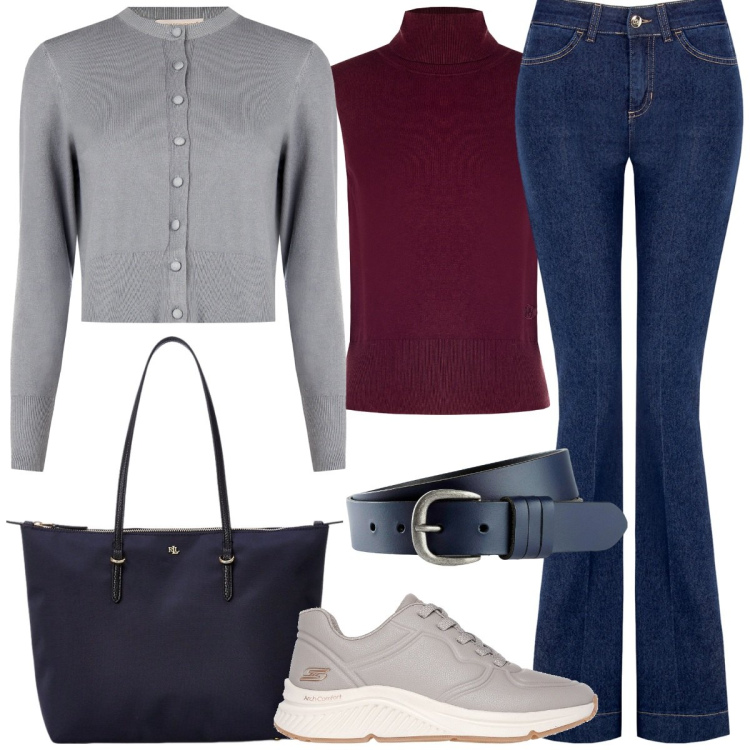 Outfit donna - Jeans cardigan e dolcevita. Stile Casual per Tutti i giorni. Abbinamento con cinture, top, cardigans, jeans a zampa, borse tote, sneakers.