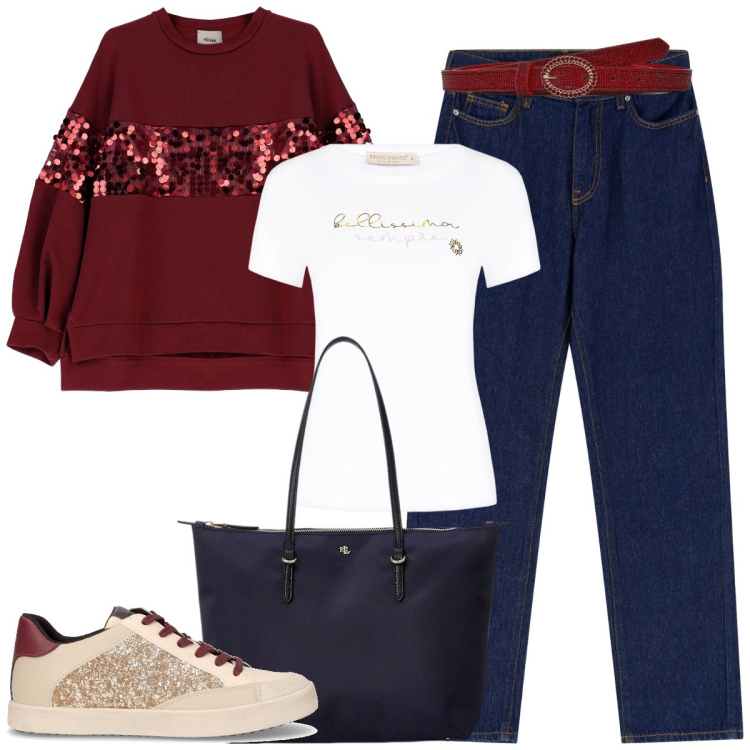 Outfit donna - Colazione della domenica. Stile Casual per Tutti i giorni. Abbinamento con cinture, t-shirt, felpe, jeans dritti, borse tote, sneakers.