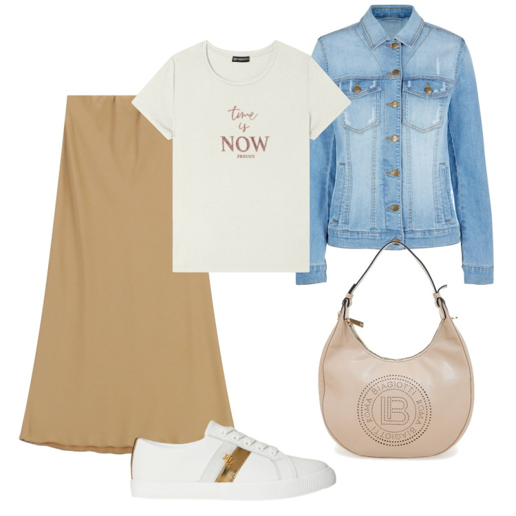 Outfit donna - Aperitivo con le amiche. Stile Basic per Serata fuori. Abbinamento con blazer, t-shirt, gonne lunghe, sneakers, borse a spalla.
