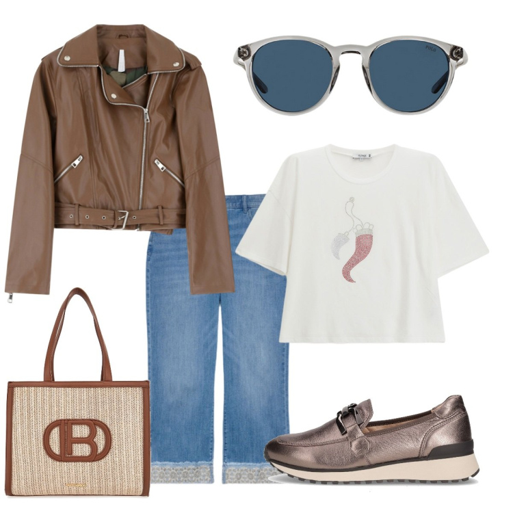 Outfit donna - In giro per il centro commerciale. Stile Casual chic per Tutti i giorni. Abbinamento con t-shirt, giacche, occhiali da sole, borse a spalla, jeans dritti, mocassini.