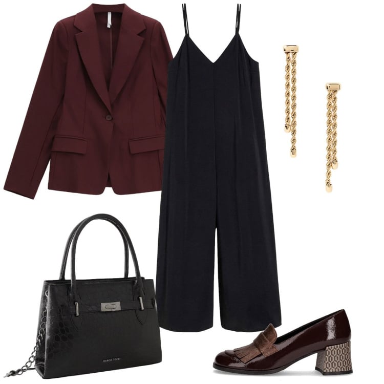 Outfit donna - Cena con i cugini. Stile Basic per Serata fuori. Abbinamento con tute, borse a mano, blazer, orecchini, mocassini.