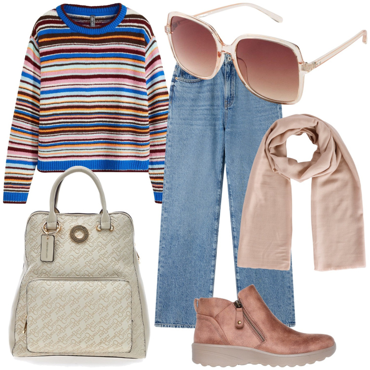 Outfit donna - Sportivamente calda. Stile Casual chic per Tutti i giorni. Abbinamento con maglieria, occhiali da sole, foulard, jeans dritti, stivaletti, zaini.