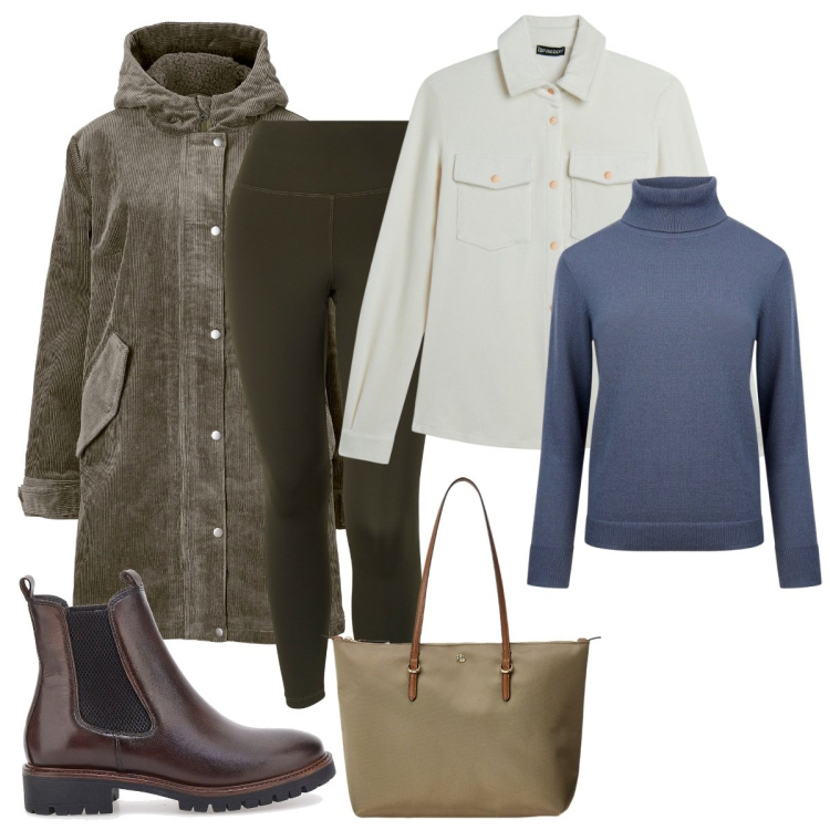 Outfit donna - Caffè da un\'amica. Stile Basic per Tutti i giorni. Abbinamento con parka, leggings, camicie, borse tote, maglieria, stivaletti chelsea.