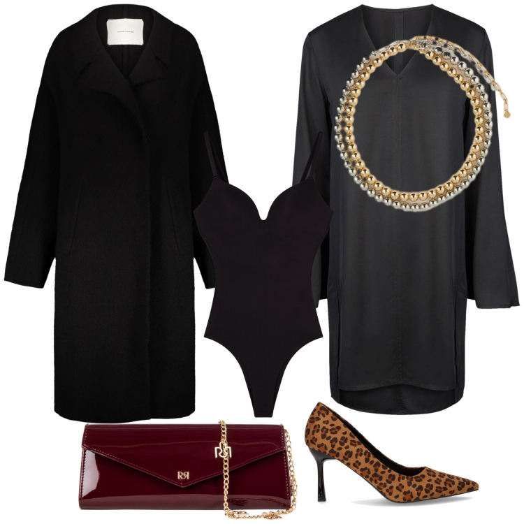 Outfit donna - Glamour , ma al calduccio e serale. Stile Chic per Serata fuori. Abbinamento con body, pochette, cappotti, décolleté, vestiti a tubino, collane.