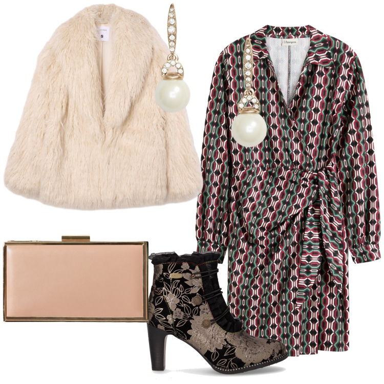 Outfit donna - Brillante stagione. Stile Trendy per Serata fuori. Abbinamento con vestiti, ecopellicce, pochette, orecchini, stivaletti.