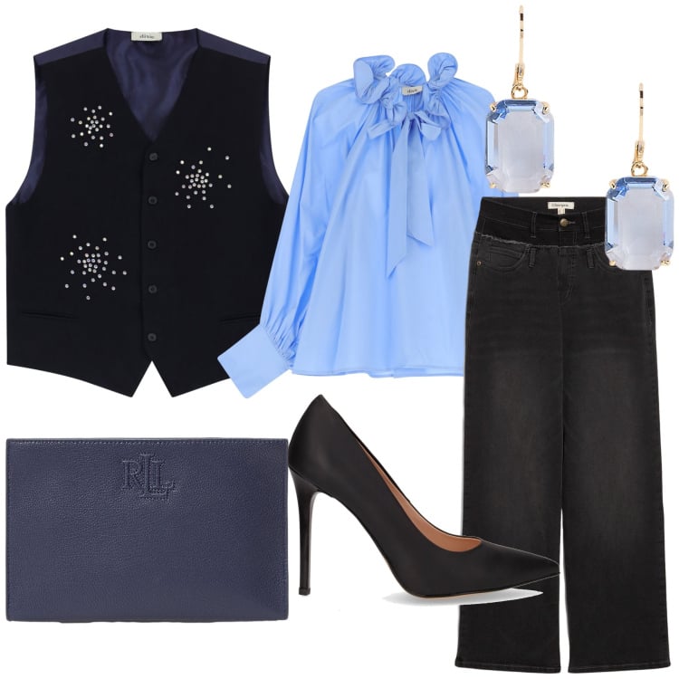 Outfit donna - Il gilet brilla. Stile Glamour per Serata fuori. Abbinamento con jeans dritti, camicie, gilet, orecchini, pochette, décolleté.