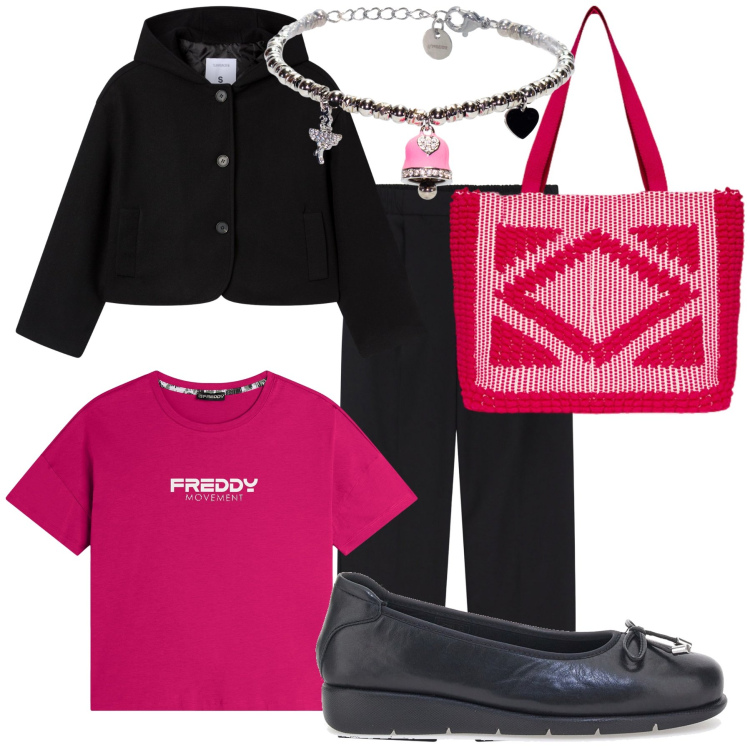 Outfit donna - Coloratissimo nero. Stile Casual chic per Tutti i giorni. Abbinamento con caban, pantaloni, t-shirt, braccialetti, ballerine, borse a mano.