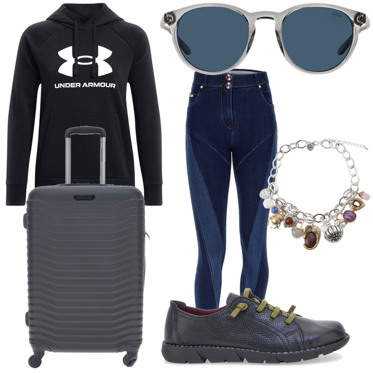 Outfit donna - Comodo viaggiare così. Stile Casual per Tutti i giorni. Abbinamento con braccialetti con ciondoli, jeans skinny, occhiali da sole, felpe con cappuccio, valigie, francesine.