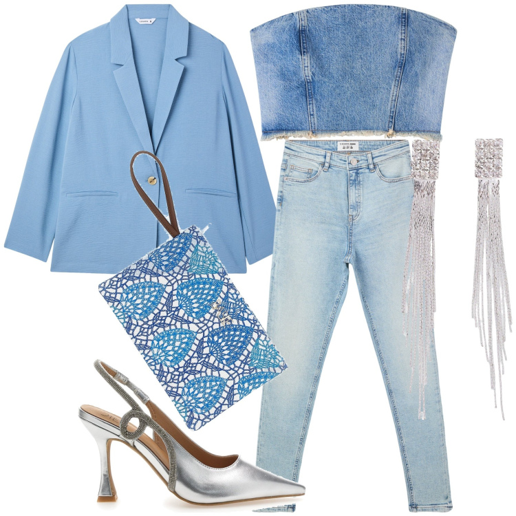 Outfit donna - Blue happy hour. Stile Glamour per Serata fuori. Abbinamento con orecchini, blazer, jeans skinny, top, décolleté, pochette.