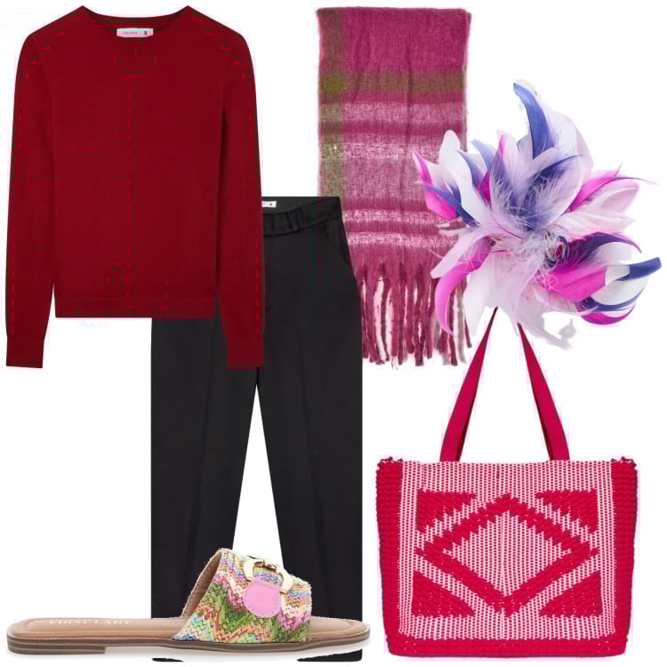 Outfit donna - A casa. Stile Trendy per Tutti i giorni. Abbinamento con pantaloni chino, maglieria, ciabatte, sciarpe, borse a mano, accessori per capelli.
