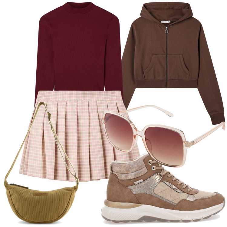 Outfit donna - Caffè macchiato in Terranova. Stile Preppy per Tutti i giorni. Abbinamento con occhiali da sole, minigonne, felpe con cappuccio, t-shirt, stivaletti, borse a tracolla.