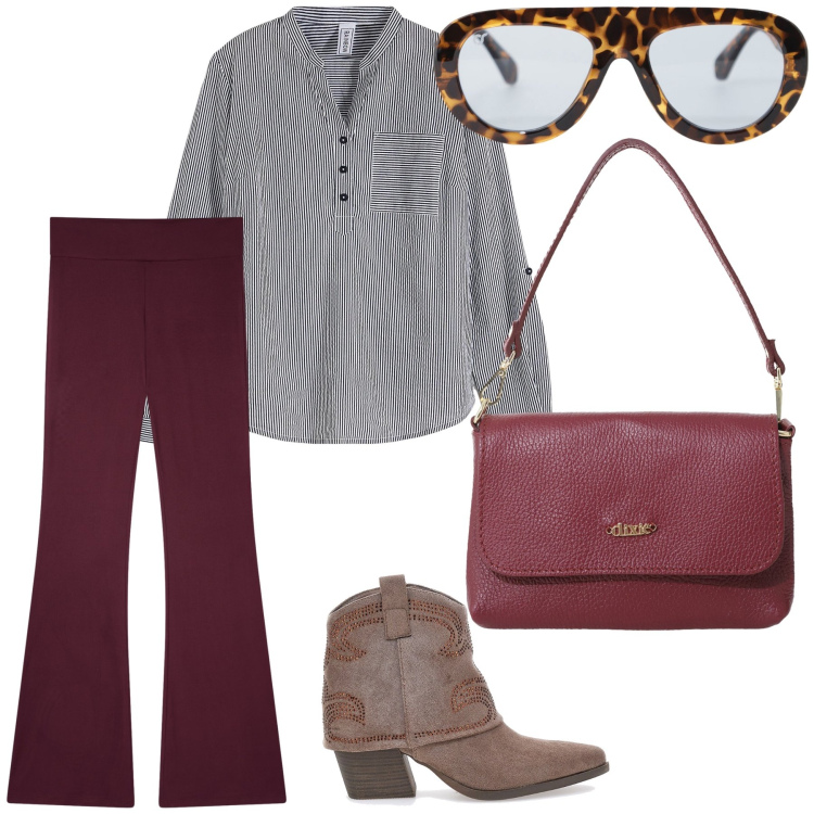 Outfit donna - Seventy. Stile Vintage retrò per Tutti i giorni. Abbinamento con tuniche, leggings, occhiali da sole, borse a tracolla, stivaletti texani.