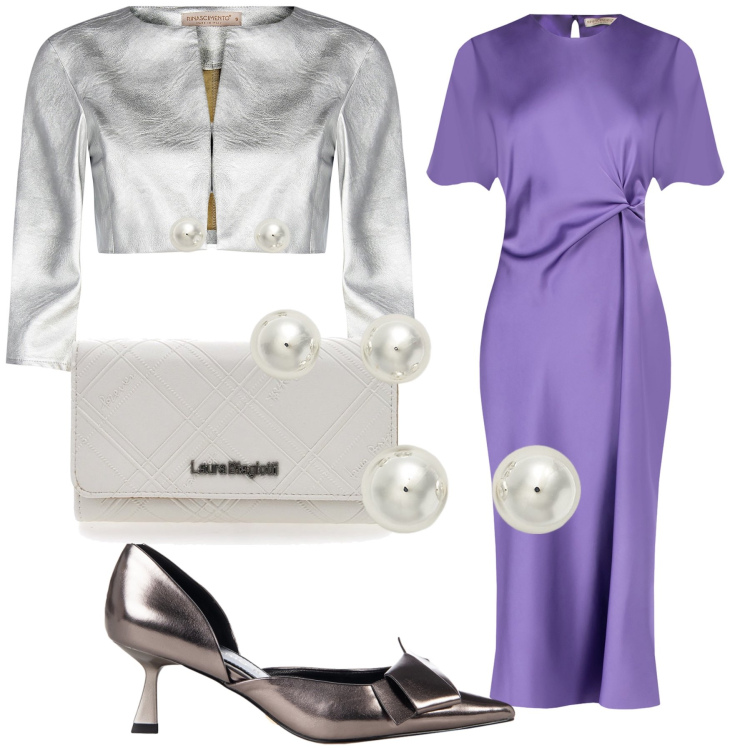 Outfit donna - Argentata. Stile Chic per Cerimonia. Abbinamento con vestiti midi/longuette, bolero, décolleté, orecchini, portafogli.