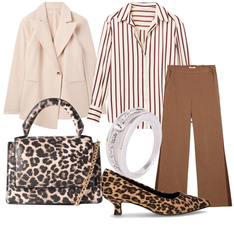 Outfit donna - Impeccabile e grintosa. Stile Trendy per Ufficio. Abbinamento con anelli, pantaloni, camicie, blazer, borse a tracolla, décolleté.