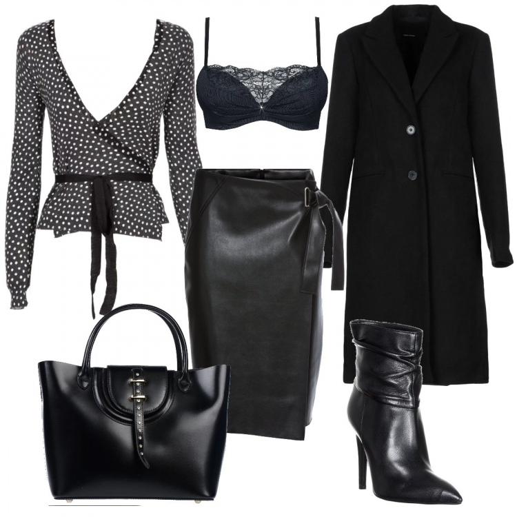 Outfit donna - Gonna in pelle e maglia kimono. Stile Sexy per Serata fuori. Abbinamento con reggiseni push-up, gonna a portafoglio con zip in pelle sintetica nero, cappotto collo con revers a maniche lunghe interno foderato tinta unita, borsa a mano taglia media con zip interno sfoderato tinta unita, maglia, tronchetti nero.
