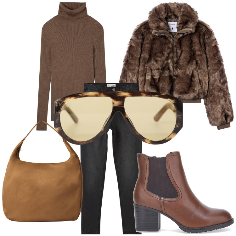 Outfit donna - Città. Stile Urban per Tutti i giorni. Abbinamento con borse a mano, maglieria, ecopellicce, jeans skinny, occhiali da sole, stivaletti chelsea.