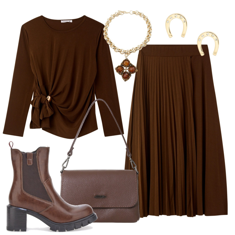 Outfit donna - Caldo marrone. Stile Chic per Tutti i giorni. Abbinamento con bluse, gonne lunghe, borse a tracolla, collane, orecchini, stivaletti.