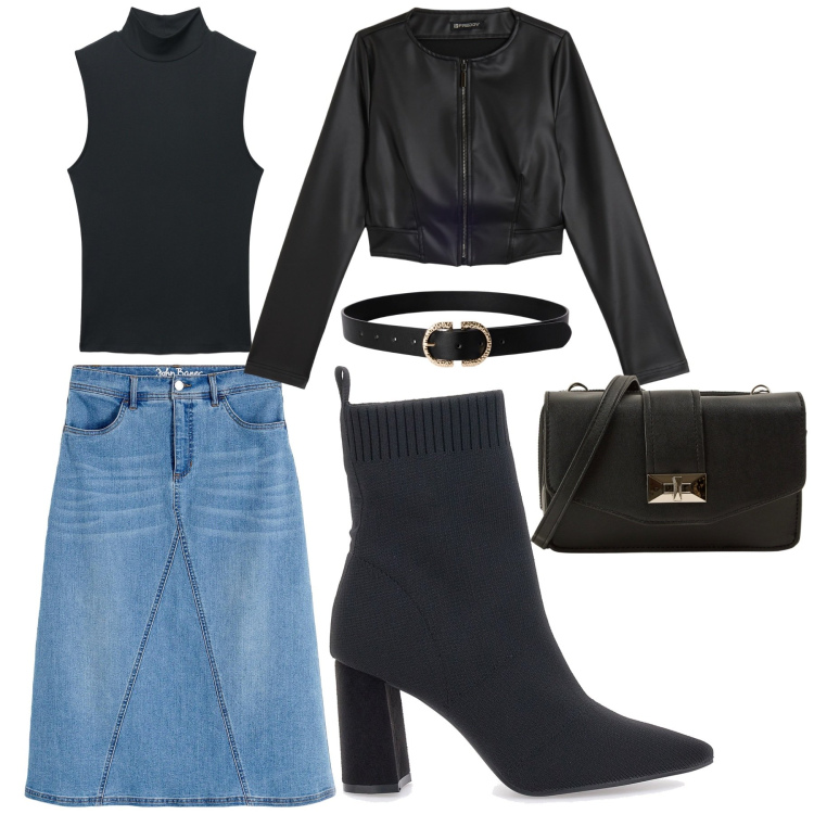 Outfit donna - Coffe break. Stile Casual per Tutti i giorni. Abbinamento con gonne, borse a tracolla, cinture, top, giacche, stivaletti.