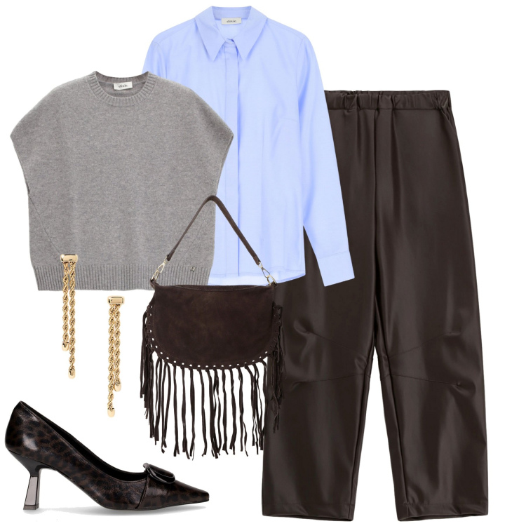 Outfit donna - Ottobre. Stile Trendy per Tutti i giorni. Abbinamento con camicie, borse a tracolla, pantaloni, maglieria, orecchini, décolleté.