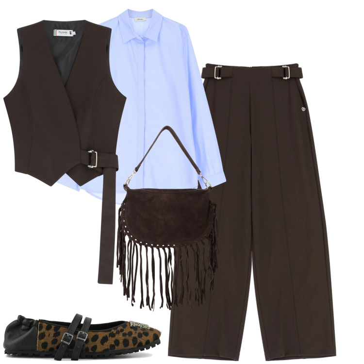 Outfit donna - Please. Stile Casual chic per Tutti i giorni. Abbinamento con pantaloni a palazzo, gilet, camicie, borse a tracolla, ballerine.