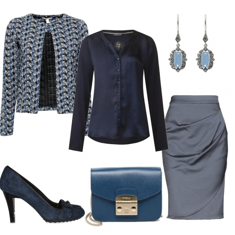 Outfit donna - Sfumature di blu. Stile Chic per Cerimonia. Abbinamento con gonna al ginocchio senza tasche con zip interno sfoderato in raso tinta unita, cardigan multicolore e nero, blusa blu, décolleté effetto scamosciato, orecchini pendenti in sterling 925 argento e blu, catena mini in pelle con tracolla removibile.