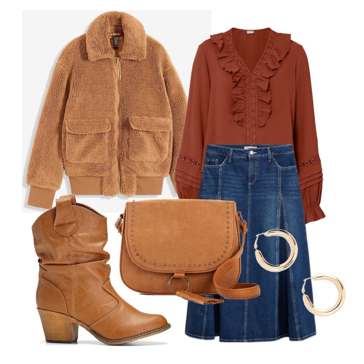 Outfit femme - Octobre. Style Tendance pour Tous les jours. Assortir avec jupes longues, blazers, tuniques, bottines texanes, sacs en bandoulière, boucles d'oreilles.