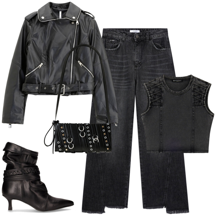 Outfit donna - Ottobre. Stile Rock per Tutti i giorni. Abbinamento con jeans, borse a spalla, giacche, top, stivaletti.