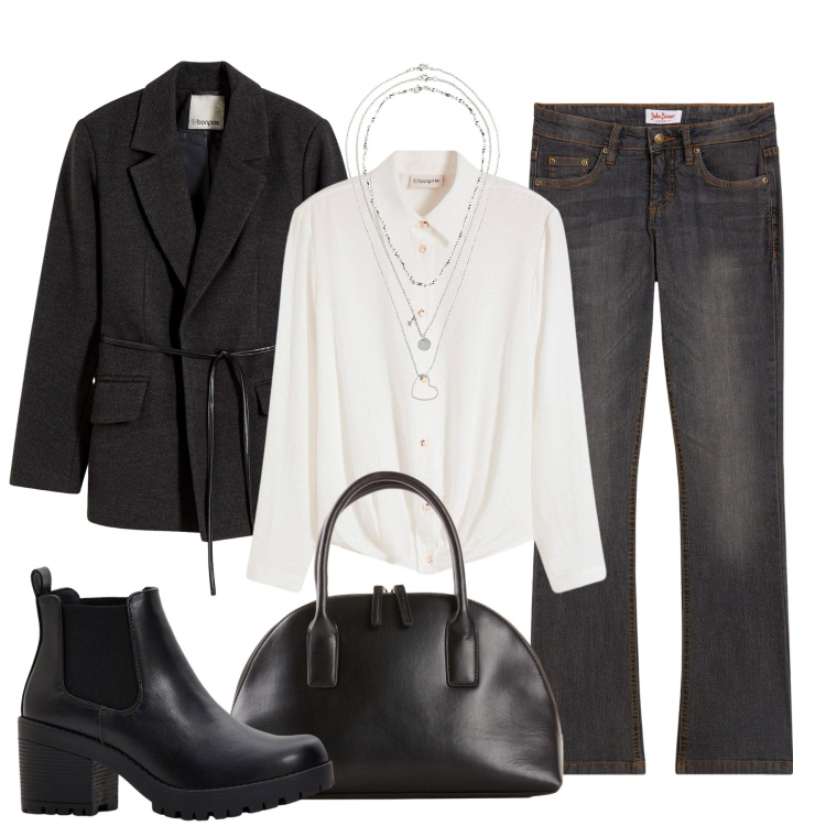 Outfit donna - Comoda con stile. Stile Casual chic per Tutti i giorni. Abbinamento con jeans bootcut, stivaletti chelsea, collane, shopping bag, blazer, camicie.