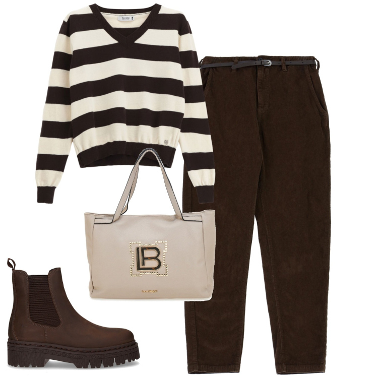Outfit donna - City. Stile Basic per Tutti i giorni. Abbinamento con maglieria, pantaloni chino, borse a spalla, stivaletti chelsea.