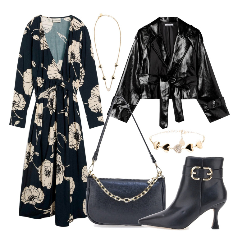 Outfit donna - Abito floreale. Stile Chic per Tutti i giorni. Abbinamento con vestiti lunghi, giacche, braccialetti, collane, stivaletti, borse a tracolla.