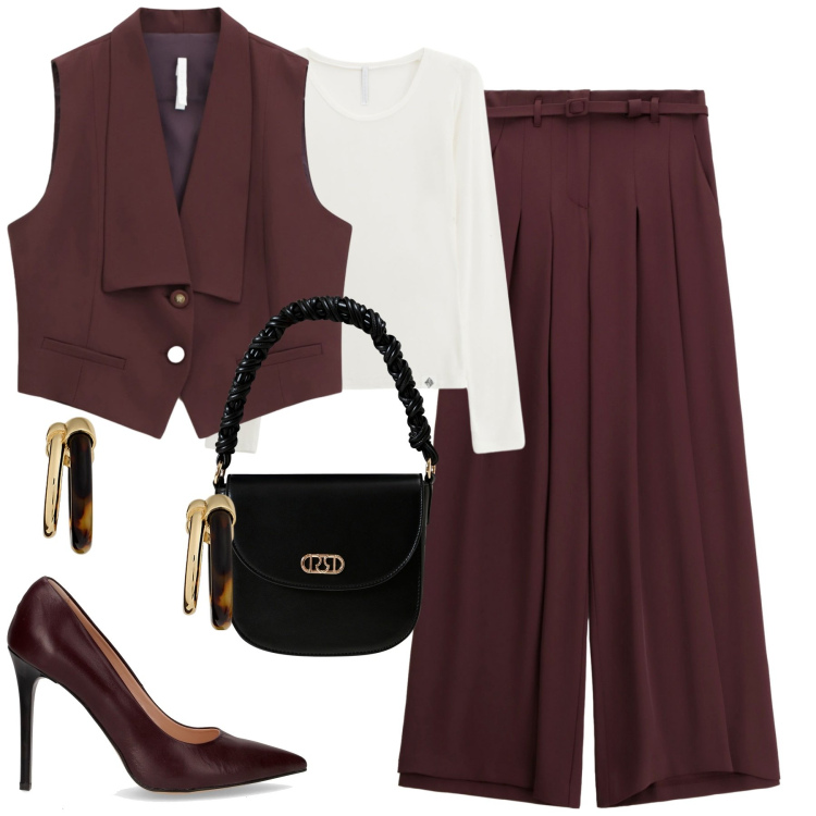 Outfit donna - City. Stile Trendy per Tutti i giorni. Abbinamento con borse a mano, gilet, pantaloni a palazzo, t-shirt, orecchini, décolleté.