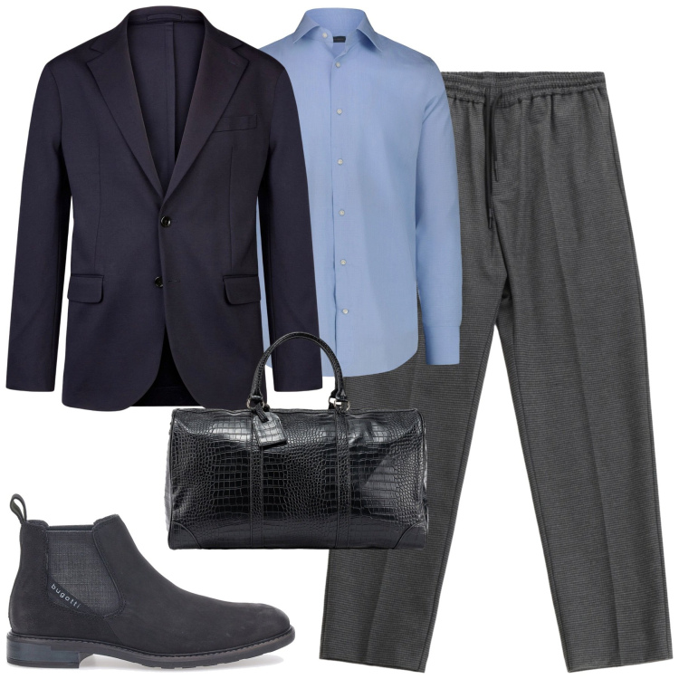 Outfit uomo - Viaggio per lavoro. Stile Business/Elegante per Tutti i giorni. Abbinamento con pantaloni, stivali e stivaletti, giacche, camicie, borse sportive.