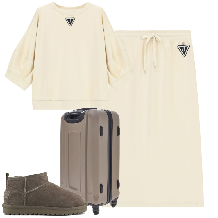 Outfit donna - City. Stile Sporty chic per Tutti i giorni. Abbinamento con gonne longuette, felpe, valigie, stivali.