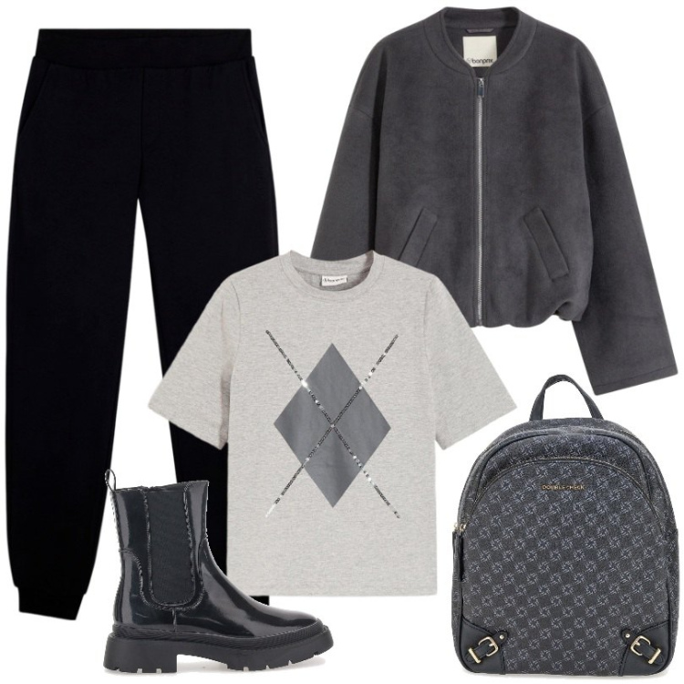 Outfit donna - Comoda per una giornata impegnativa. Stile Urban per Tutti i giorni. Abbinamento con bomber, t-shirt, pantaloni sportivi, anfibi, zaini.