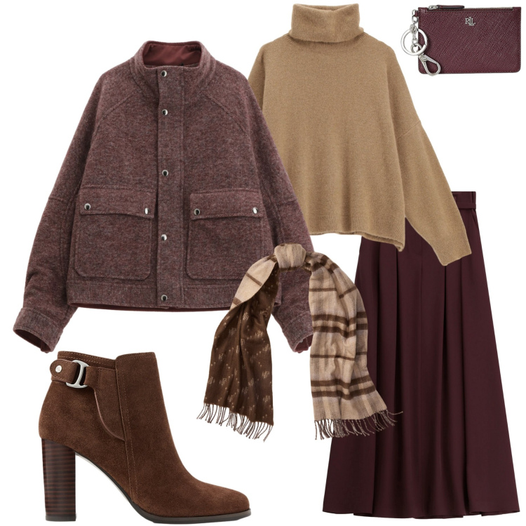 Outfit donna - Inizia il freddo. Stile Casual chic per Tutti i giorni. Abbinamento con caban, gonne lunghe, maglieria, stivaletti, sciarpe, portafogli.