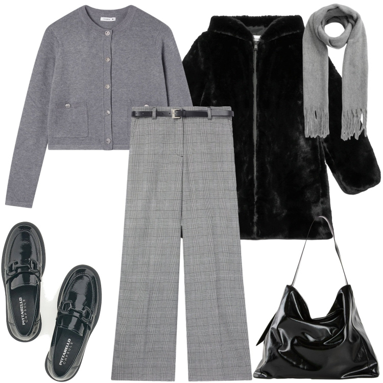 Outfit donna - Inizia il freddo. Stile Casual chic per Ufficio. Abbinamento con shopping bag, pantaloni, cardigans, cappotti, sciarpe, mocassini.