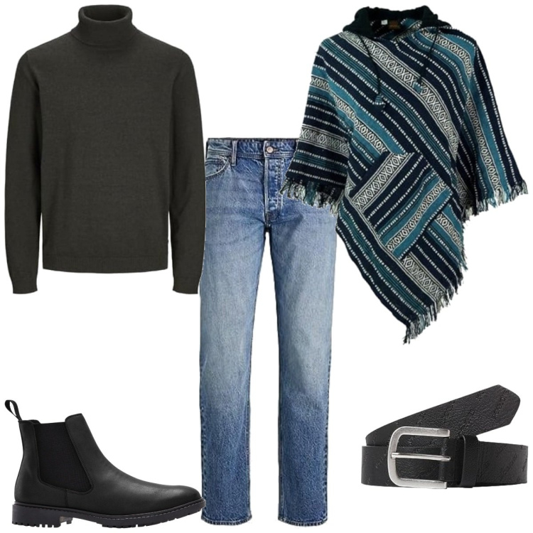 Outfit homme - Poncho d automne. Style Tendance pour Tous les jours. Assortir avec bottes et bottines, pulls, jeans, manteaux, ceintures.